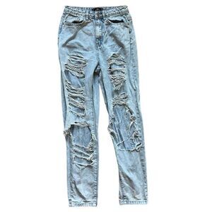 Womens Riot High Rise Distressed Deconstructed Light Rinse Mom Jeans - Sz 2